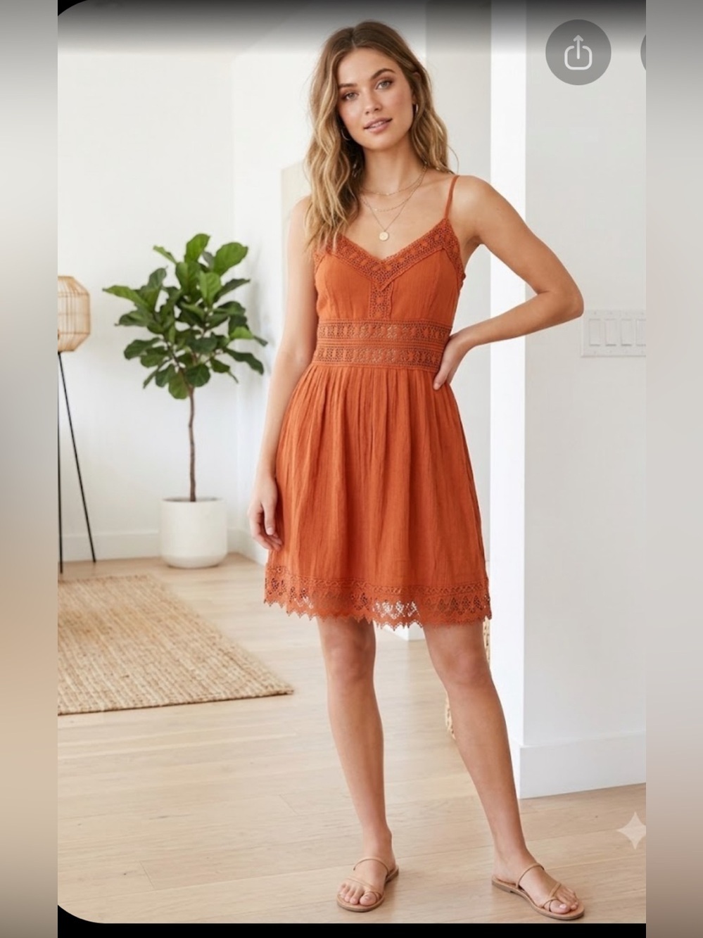 Abercrombie & Fitch Rust Lace-Trim Spaghetti Strap Mini Dress